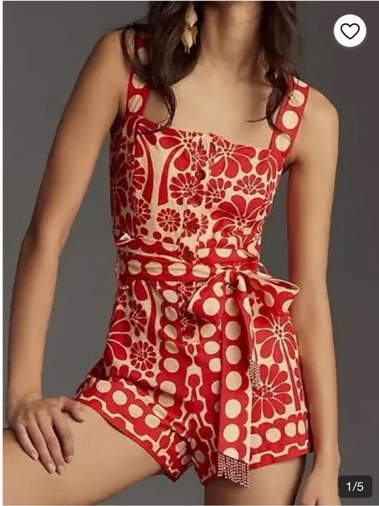 FARM Rio Pants - FARM Rio Red and Cream Floral & Dot Print Belted Romper